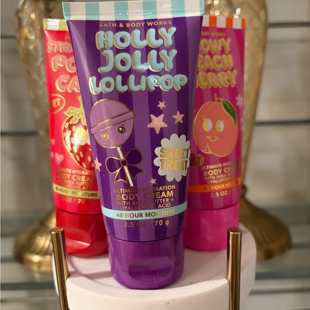Bath/Body Works Holly Jolly Lollipop, Snowy Peach, Strawberry Pound Cake Lotions